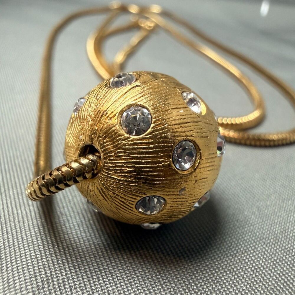 Vintage Gold Tone Textured Rhinestone Ball Snake Chain Necklace